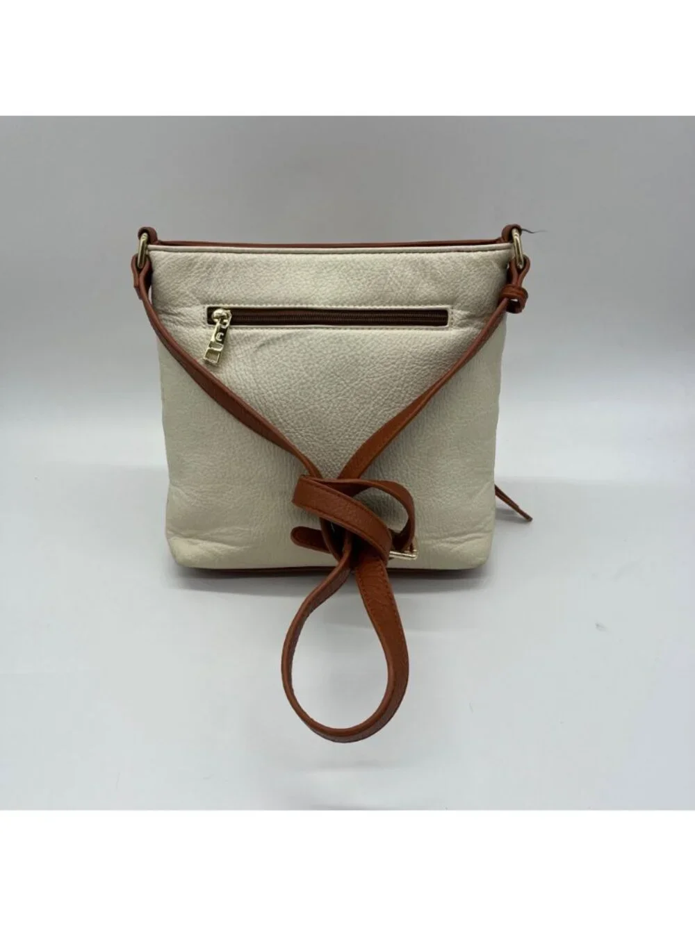 Cluci Cream And Brown Pebbled Faux Leather Crossbody Bag_2